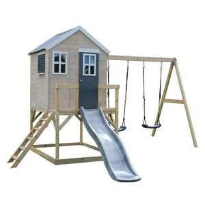 Casuta de gradina cu platforma, tobogan si leagan dublu, Wendi Toys, Grey Lodge imagine
