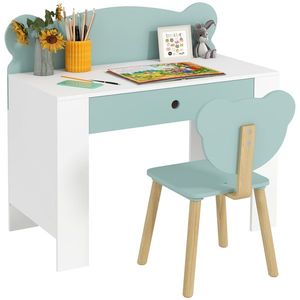 AIYAPLAY Set Birou cu Sertar și Scaun Ursuleț pentru Copii 3-8 Ani Verde | Aosom Romania imagine