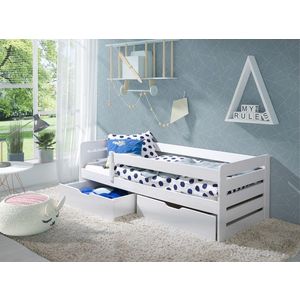 Pat pentru camera copilului Bella, Meblobed, 90x200 cm, cu doua sertare, lemn de pin, alb imagine