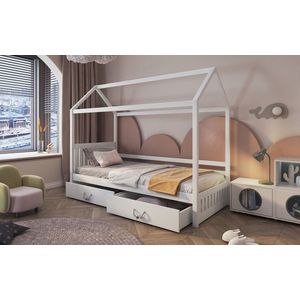 Pat pentru camera copilului Rozalia, Meblobed, 90x200 cm, cu doua sertare, lemn de pin, alb imagine