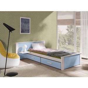 Pat pentru camera copilului Aldo Plus, Meblobed, 90x200 cm, cu doua sertare, lemn de pin/PAL, alb/albastru imagine