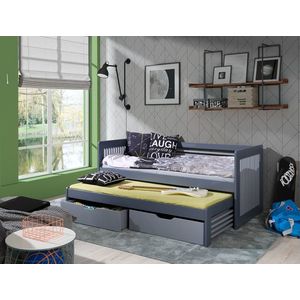 Pat etajat pentru camera copilului Anatol, Meblobed, 90x200 cm, cu doua sertare, lemn de pin, grafit imagine
