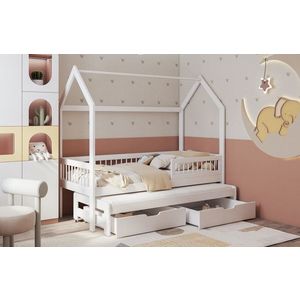 Pat etajat pentru camera copilului Asher, Meblobed, 90x200 cm, cu doua sertare, lemn de pin, alb imagine