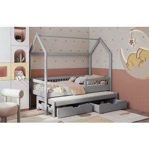 Pat etajat pentru camera copilului Asher, Meblobed, 90x200 cm, cu doua sertare, lemn de pin, gri imagine