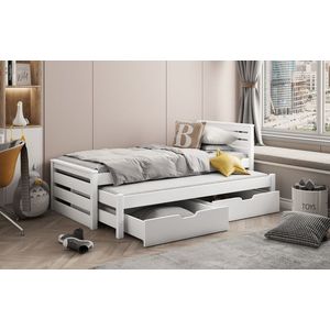 Pat etajat pentru camera copilului Calwin, Meblobed, 90x200 cm, cu doua sertare, lemn de pin, alb imagine