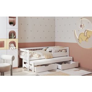Pat etajat pentru camera copilului Orion, Meblobed, 90x200 cm, cu doua sertare, lemn de pin, alb imagine
