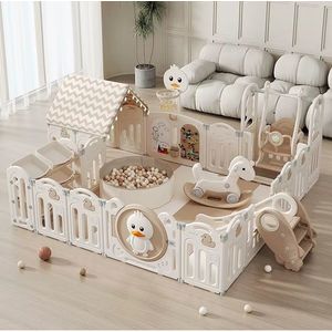 Gardulet loc de joaca interiorexterior Nichiduta Garden cu margini rotunjite, Poarta de siguranta, Leagan, Balansoar, Casuta, Cos de baschet, Organizator, Tobogan, Piscina uscata, Covoras spuma 1cm grosime Happy House Beige imagine