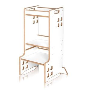 Turn de invatare Montessori Lionelo Cass Alb, functie de raft pentru carti, pana la 30 kg, 1-6 ani, din MDF si furnir, 3 trepte de inaltime imagine