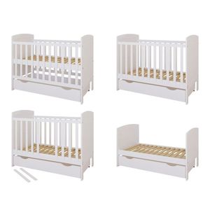 Patut din lemn Nichiduta Philip Alb 120x60 cm cu Laterala detasabila, Sertar cu roti, Margine din silicon pentru protectie dintisori, Design elegant, Vopsele si materiale sigure, 3 Nivele reglare somiera, Margini rotunjite imagine