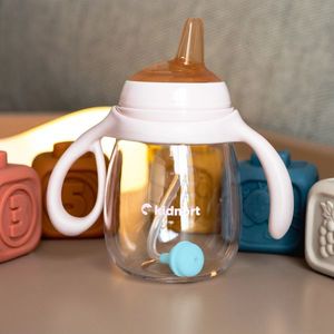 Biberon cu tetina anti-colici, debit variabil, Kidnort Jordbaer Pink, 240ml, de la 6 luni, echipat cu Pai cu bila gravitationala si maner ergonomic detasabil imagine