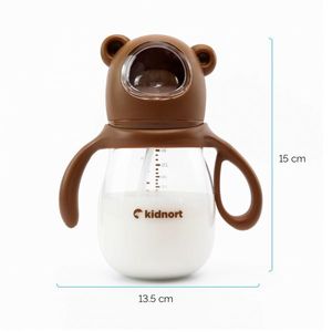 Biberon cu tetina anti-colici, debit variabil, Kidnort Jordbaer Brown, 300 ml, de la 6 luni, echipat cu Pai cu bila gravitationala si maner ergonomic detasabil imagine