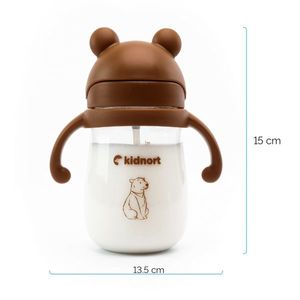 Sticluta de apa din tritan pentru copii, Kindnort Bringebaer, sterilizabila, pai moale din silicon cu biluta gravitationala, maner ergonomic, capacitate 240 ml, Brown imagine