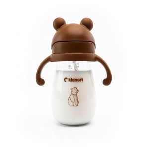 Sticluta de apa din tritan pentru copii, Kindnort Bringebaer, sterilizabila, pai moale din silicon cu biluta gravitationala, maner ergonomic, capacitate 300 ml, Brown imagine