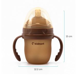 Biberon anti-colici pentru bebelusi 0-3 luni, Kindnort Eple, sterilizabil, cu pai moale din silicon si biluta gravitationala incorporata, maner ergonomic detasabil, capacitate 150 ml, Brown imagine