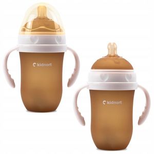 Biberon anti-colici pentru bebelusi de la 6 luni Kindnort Eple, nivel de debit 5, cu pai moale din silicon si biluta gravitationala incorporata, maner ergonomic detasabil, capacitate 250 ml, BeigePink imagine