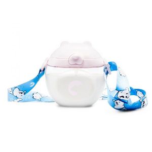 Sticluta de apa din tritan pentru copii, Kindnort Baer, sterilizabila, pai moale din silicon cu bila gravitationala, prevazuta cu snur reglabil, capacitate 300 ml, Pink imagine
