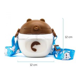 Sticluta de apa din tritan pentru copii, Kindnort Baer, sterilizabila, pai moale din silicon cu bila gravitationala, prevazuta cu snur reglabil, capacitate 300 ml, Brown imagine