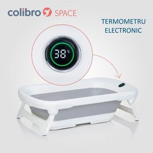 Set cadita pliabila pentru copii Colibro Space, cu pernuta si termometru integrat, dimensiune 84 x 48 cm, capacitate 40L, Sweet Pink imagine