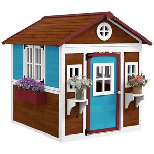 Outsunny Casuta de Joaca din Lemn pentru Copii pentru Exterior si Interior, Casa Wendy din Lemn cu Usi, Ferestre, Ghivece, Maro Inchis imagine