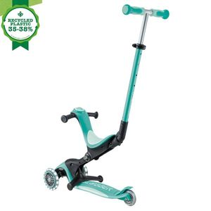 Trotineta pentru copii Globber Go-Up Deluxe Lights Ecologic Verde 4 in 1, ghidon reglabil, scaun, maner parinte, roti cu Led, greutate admisa 50 kg imagine