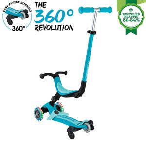 Trotineta pentru copii Globber Go-Up Active Eco Blue 3 in 1, rotire 360, ghidon reglabil, scaun, maner parinte, roti cu Led, greutate admisa 50 kg imagine