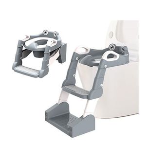 Reductor pentru copii Little Mom Grey multifunctional 2 in 1, pliabil, colac din PVC, cu recipient colector si manere de sustinere, dimensiuni 58x47x32.5 cm imagine
