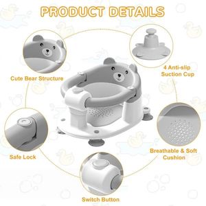 Scaunel de baie pentru copii Little Mom Bear Grey model universal cu spatar ergonomic, ventuze de fixare, brate mobile, dimensiuni 21x41x24 cm imagine
