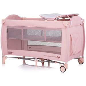 Patut pliabil Chipolino Bella Pink Marshmallow cu doua nivele, intrare laterala cu fermoar, 2 roti cu frane, saltea de infasat, carusel muzical, geanta pentru transport, buzunar si organizator accesorii imagine