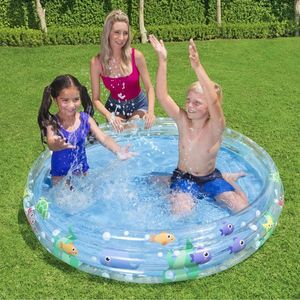 Piscina gonflabila Bestway 152x30 cm Deep Waters Albastru, 3 inele, Material PVC rezistent, Capacitate 282 litri, Pereti transparenti cu pestisori colorati imagine