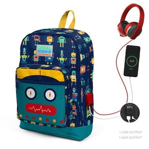 Ghiozdan cu 4 compartimente, Coral High, cu USB, model robotei imagine