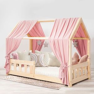 Pat copii montessori tip casuta, LittleAmy, Angel Nest, Balustrade cu bare plate, Natur, 100 x 180 cm imagine