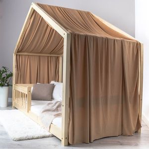 Pat pentru copii montessori tip casuta, LittleAmy, Cozi Cottage, balustrade cu bare rotunde, Natur, 70 x 140 cm imagine