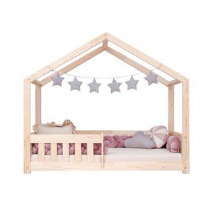 Pat pentru copii montessori tip casuta, LittleAmy, Cozi Cottage, balustrade cu bare plate, Natur, 80 x 160 cm imagine