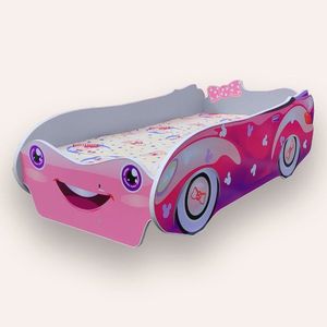 Pat pentru copii masina Minnie Alb cu saltea, 2-12 ani, 160x80 cm imagine
