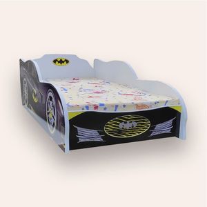Pat pentru copii masina Batman Alb cu saltea, 2-8 ani, 140x70 cm imagine