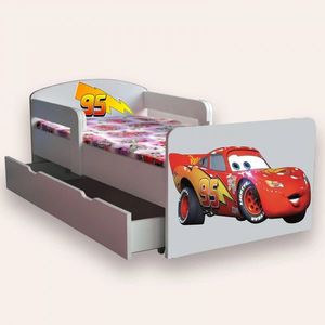 Pat pentru copii Fulger Mcqueen cu manere, sertar si saltea, 2-8 ani, 140x70 cm imagine