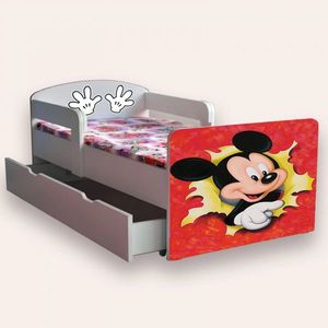 Pat pentru copii Mickey Mouse cu manere, sertar si saltea, 2-8 ani, 140x70 cm imagine