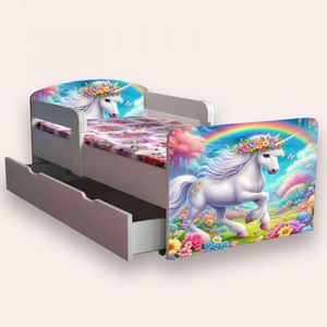 Pat pentru copii Unicorn varianta 2, cu manere si sertar, 2-8 ani, 140x70 cm imagine