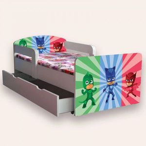 Pat pentru copii Eroi in pijamale, cu manere, sertar si saltea, 2-8 ani, 140x70 cm imagine