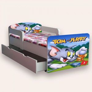 Pat pentru copii Tom si Jerry, cu manere, sertar si saltea, 2-12 ani, 160x80 cm imagine