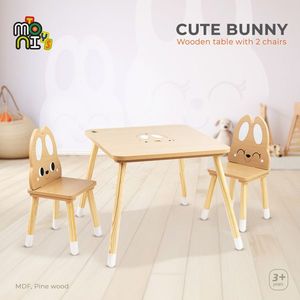 Set masuta si 2 scaunele din lemn si MDF pentru copii Moni Cute Bunny cu spatiu de depozitare, picioare antiderapante, margini rotunjite, usor de curatat, potrivit pentru masadesenactivitatiscriere, dimensiune masa 60x60x48 cm imagine