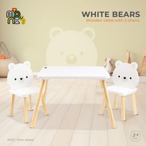 Set masuta si 2 scaunele din lemn si MDF pentru copii Moni White Bears cu picioare antiderapante, margini rotunjite, usor de curatat, potrivit pentru masadesenactivitatiscriere, dimensiune masa 62.2x62.2x42.2 cm imagine