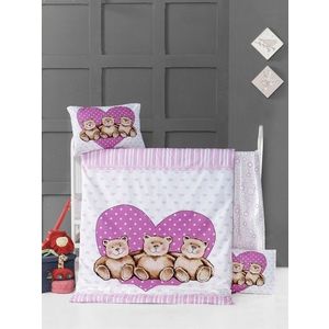Lenjerie de pat pentru copii, Victoria, Friend Bears, 4 piese, 100% bumbac ranforce, mov/alb imagine