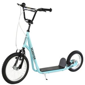 HOMCOM Trotinetă patinette cu roți mari pneumatice Ø 40 și 30 cm Înălțime Ghidon reglabil Frână AV/AR cric Oțel, Albastru | Aosom Romania imagine