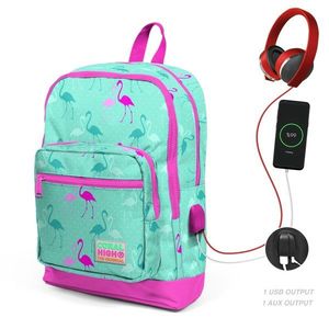 Ghiozdan cu 4 compartimente, Coral High, cu USB, turcoaz cu flamingo imagine