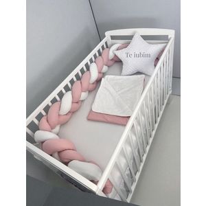 Lenjerie cu aparatoare impletita in 3, din bumbac, lungime 240 cm, cu cearsaf, paturica si perna steluta Te iubim Roz PudraAlb imagine