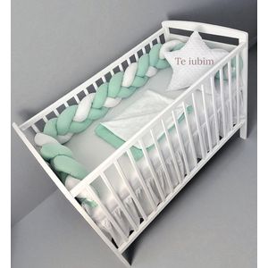 Lenjerie cu aparatoare impletita in 3, din bumbac, lungime 240 cm, cu cearsaf, paturica si perna steluta Te iubim Verde Menta PalAlb imagine