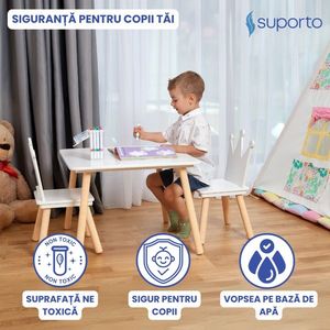 Set masa si 2 scaune pentru copii Suporto Print si Printesa Alb, din lemn MDF, scaun in forma de coronita, varsta 3-6 ani, cu margini rotunjite imagine