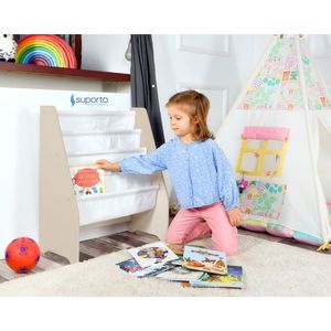 Raft de carti pentru copii Suporto Crem din lemn MDF, organizator cu etajere din textil pentru depozitare jucarii, carti si caiete, 71.5 x 62 x 30 cm imagine