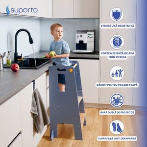 Turn de invatare tip Learning tower pentru copii Suporto GriMaro, rol de inaltator cu treapta de urcare reglabila antiderapanta si balustrade de protectie imagine